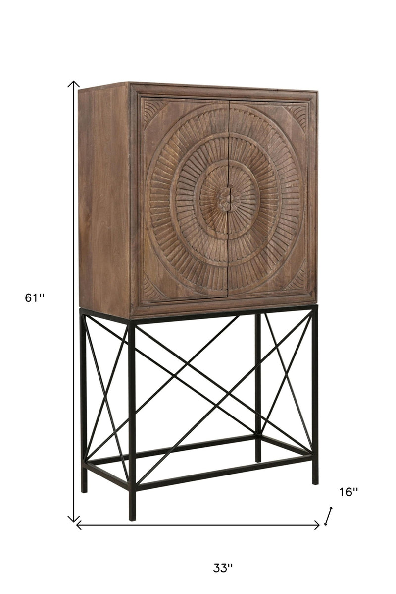 Solid Wood Two Door Carved Wine Cabinet - Brown