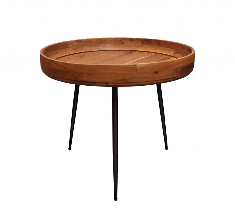 18" Solid Wood And Iron Round End Table - Black And Natural Brown