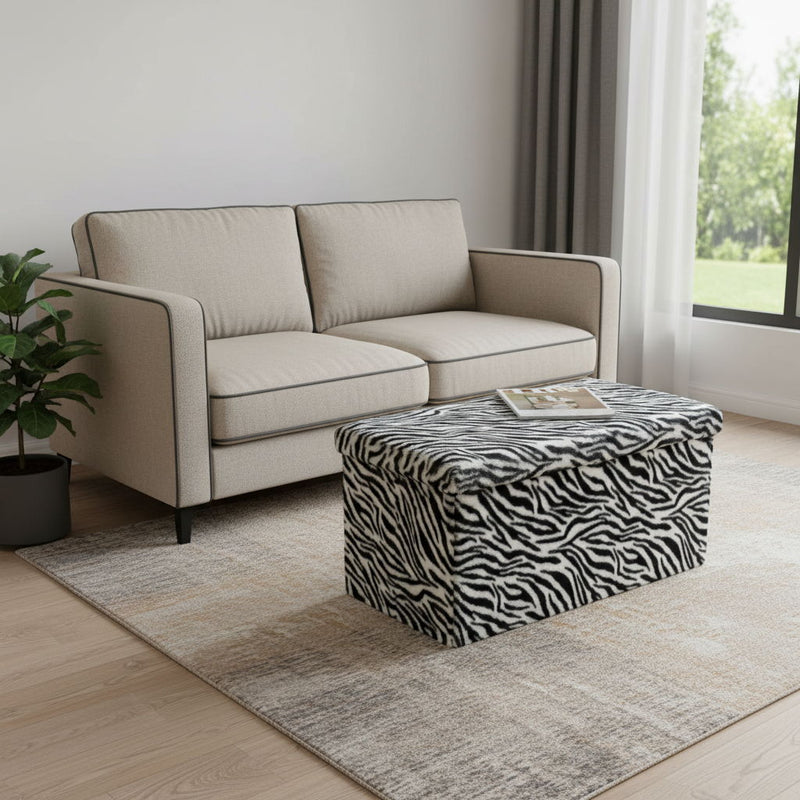 30" Plastic Animal Print Storage Ottoman - White / Black