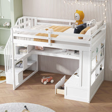 Load image into Gallery viewer, Full Size Loft Bed With Desk And Shelves, 2 Built In Drawers, Storage Staircase - White

