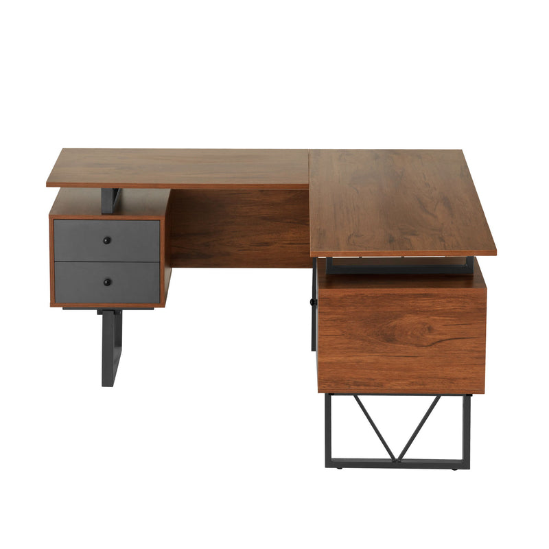 L Shape Pedestal Computer Desk With Three Drawers - Walnut / Gray