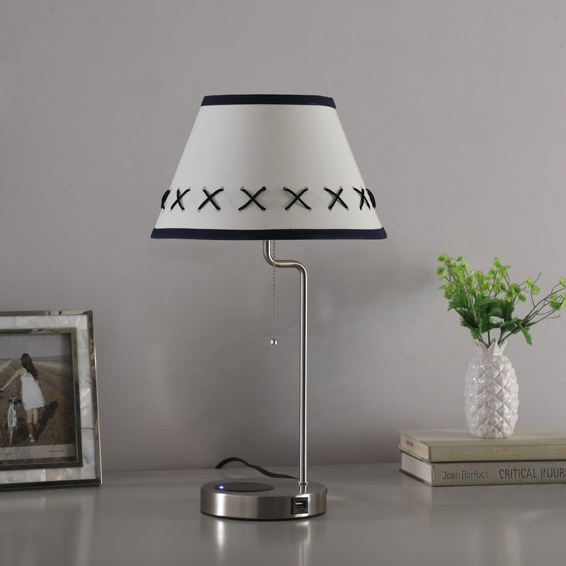 Bedside Table Lamp With Off-White Empire Shade - Silver