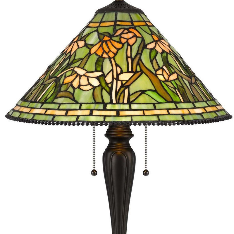 Flowers Two Light Round Tiffany Lamp With Dome Shade - Bronze