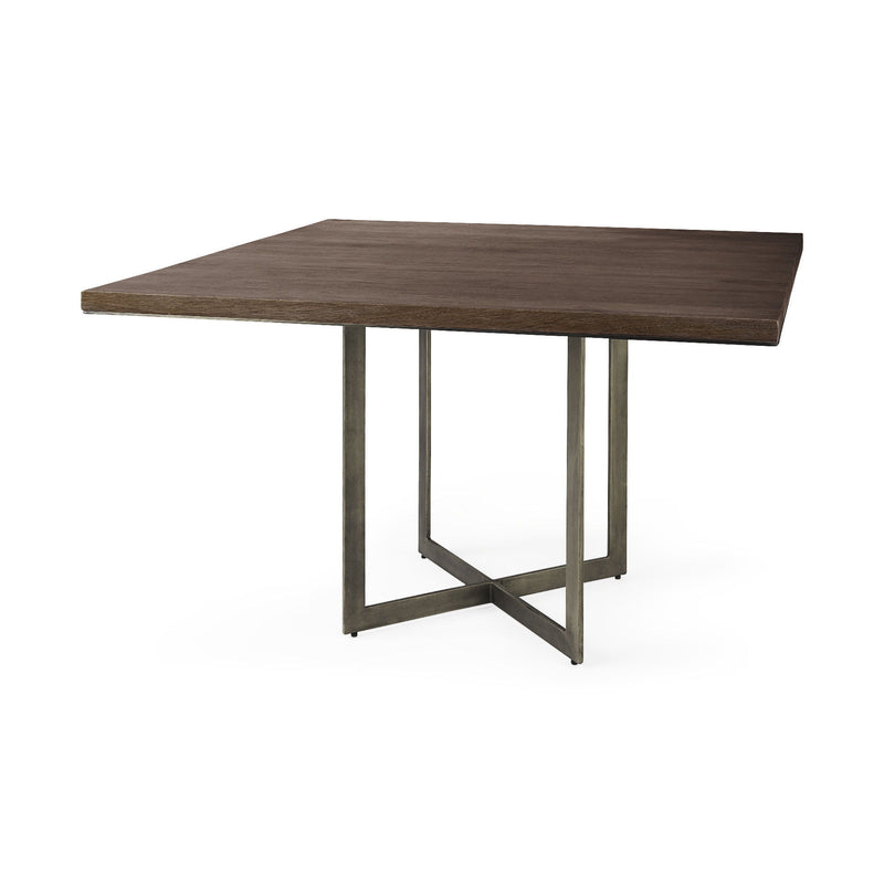 Solid Wood Iron Trestle Base Square Dining Table - Brown / Gray