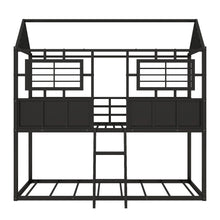 Load image into Gallery viewer, Twin over Twin Size Metal Low Bunk Beds with Roof and Fence-shaped Guardrail, Black
