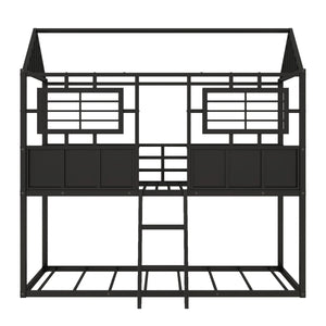 Twin over Twin Size Metal Low Bunk Beds with Roof and Fence-shaped Guardrail, Black