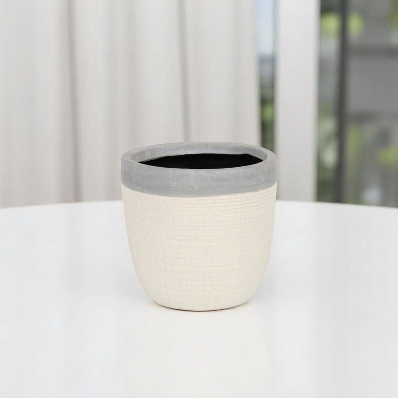 Crackle Round Pot Planter - Gray / Ivory