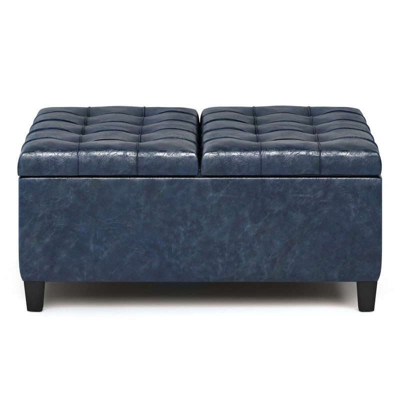Transitional Leather Cocktail Ottoman With Storage - Blue / Espresso