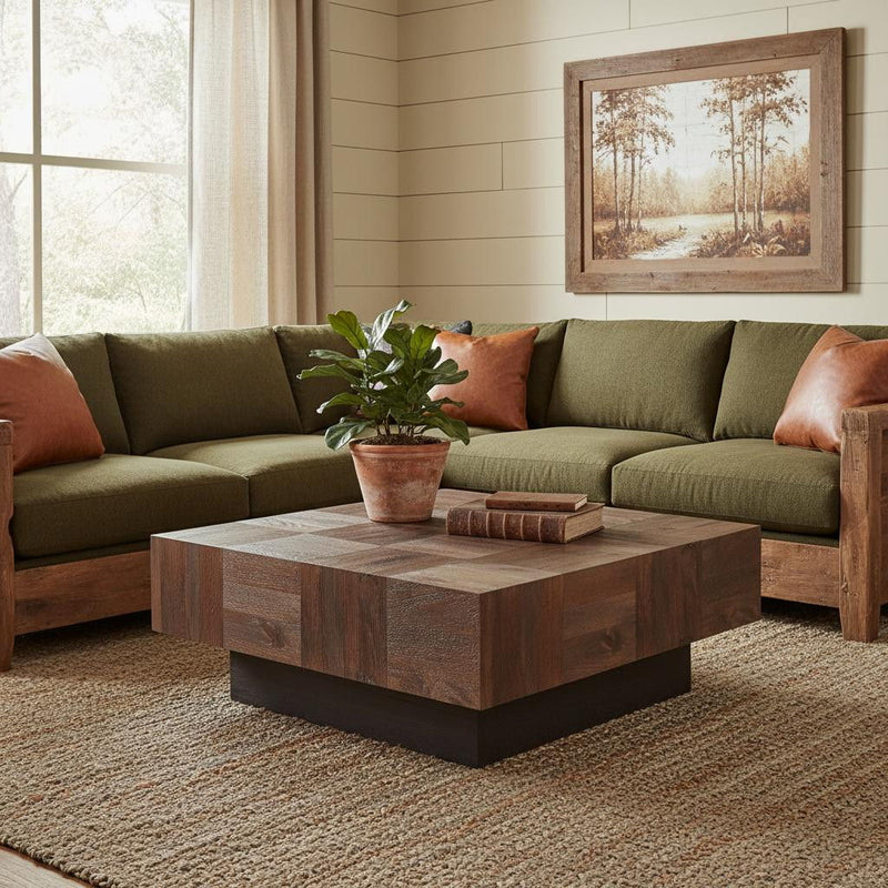 40" Solid Wood Square Block Coffee Table - Dark Brown And Black