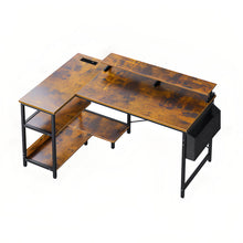 Load image into Gallery viewer, L-Shaped Gaming Desk With Power Outlets, Monitor Stand &amp; Storage Shelves, Reversible Corner Workstation - Black / Brown
