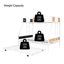 Load image into Gallery viewer, Metal Twin over Full Bunk Bed with Trundle/ Heavy-duty Sturdy Metal/ Noise Reduced/ Safety Guardrail/ Wooden Decoration/ Convenient Trundle / Bunk Bed for Three/ CPC Certified/ No Box Spring Needed
