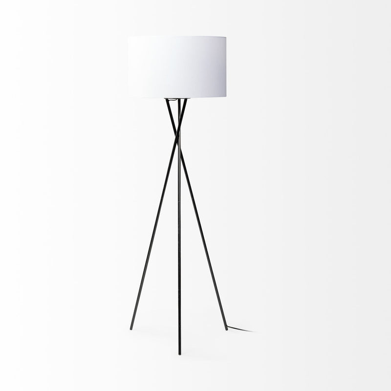 Tripod Floor Lamp With White Fabric Drum Shade - Black
