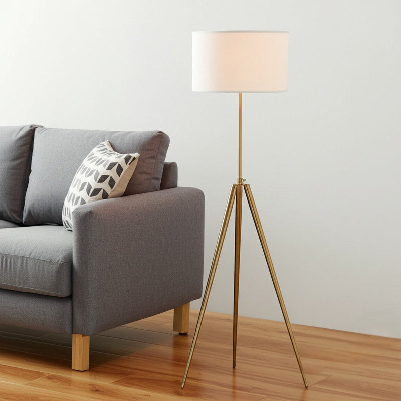 Metal Adjustable Tripod Floor Lamp With White Linen Drum Shade - Gold