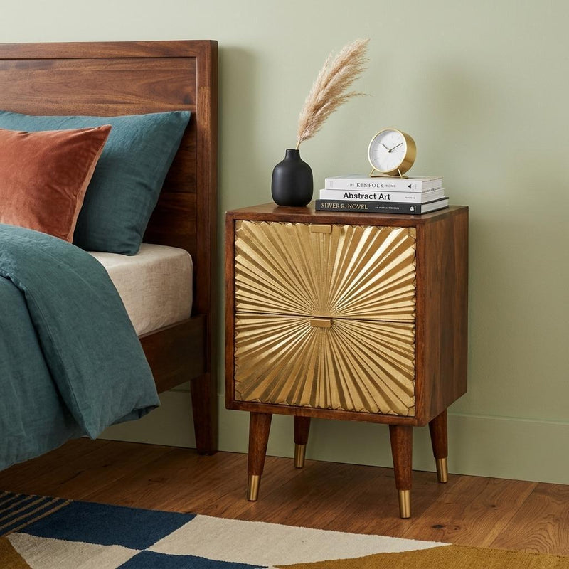 Brass And Solid Wood Geometric Brass Inlay Two Drawer Nightstand - Brown