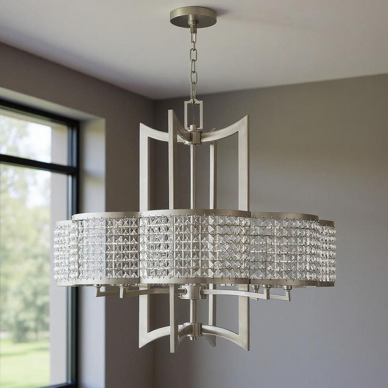 27'' Eight-Light Dimmable Chandelier With Shades - Nickel