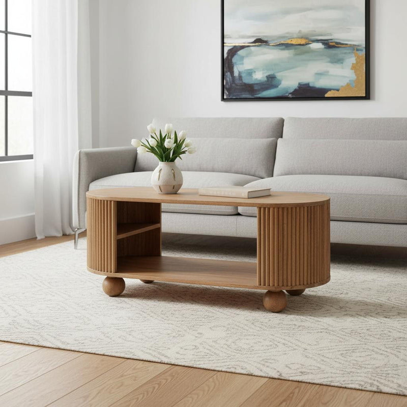 43" Solid Wood Oval Coffee Table With Shelf - Oak