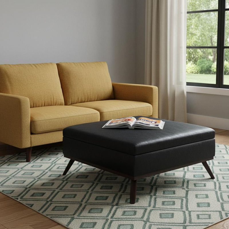 Mid-Century Leather Cocktail Ottoman With Storage - Black / Brown