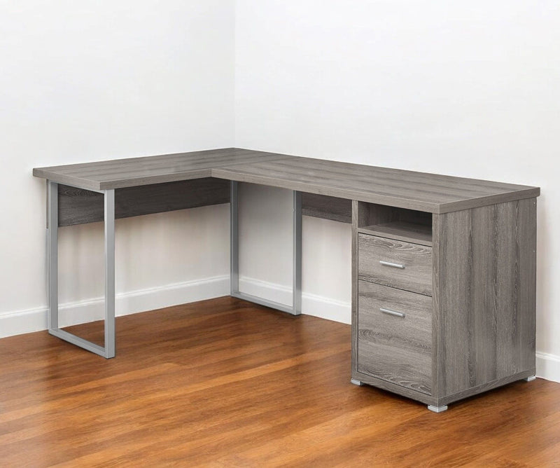 L Shape Computer Desk With Two Drawers - Taupe And Silver