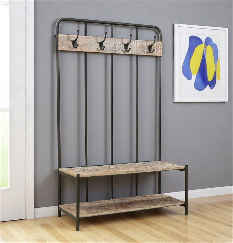 71" Metal And Solid Wood Four Hooks Freestanding Coat Rack - Black / Brown