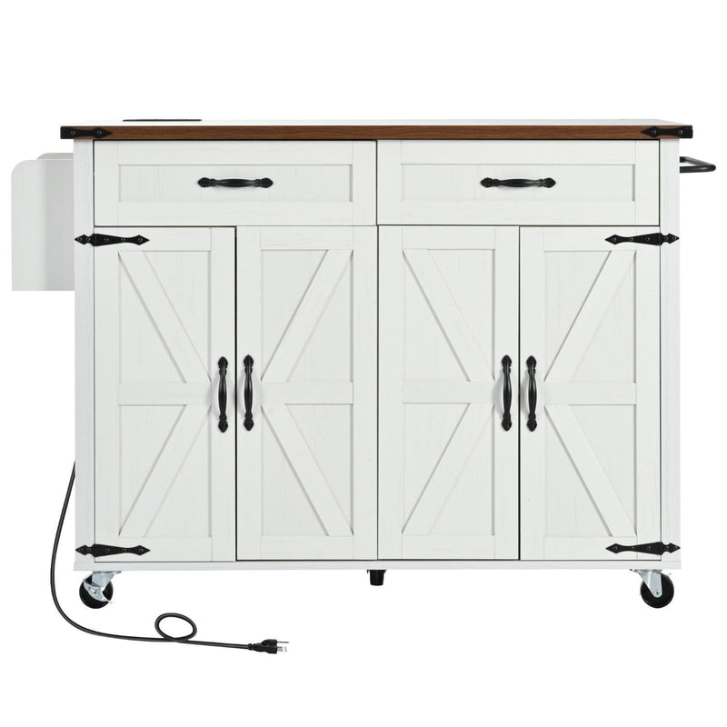 Brown And Wood Flat Door Rolling Kitchen Cart With USB - White