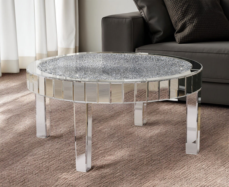 31" Mirro Glass And Faux Crystal Round Coffee Table - Silver
