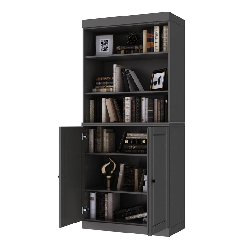 Solid Wood Adjustable Six Tier Library Bookcase With Two Doors - Gray