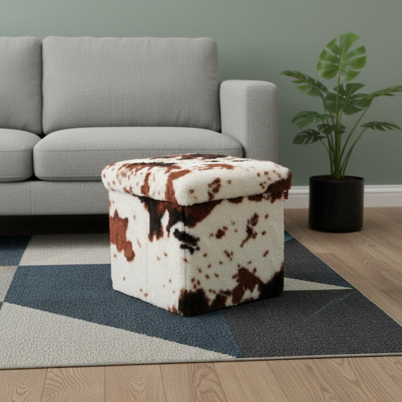 Plastic Cow Print Storage Ottoman - White