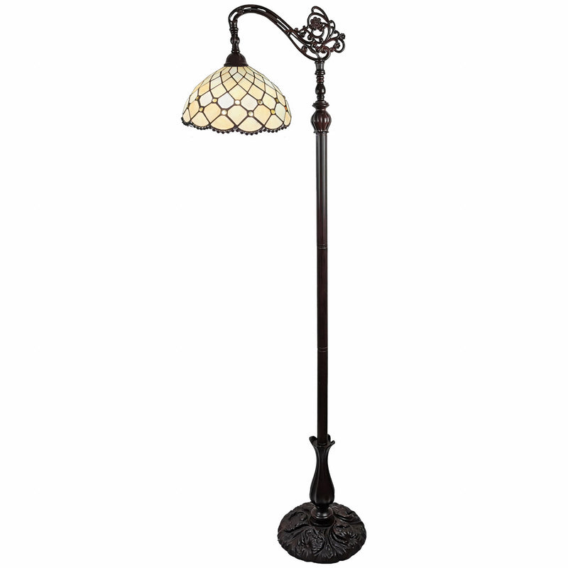 Traditional Shaped Floor Lamp With Stained Glass Bowl Shade - Brown / White