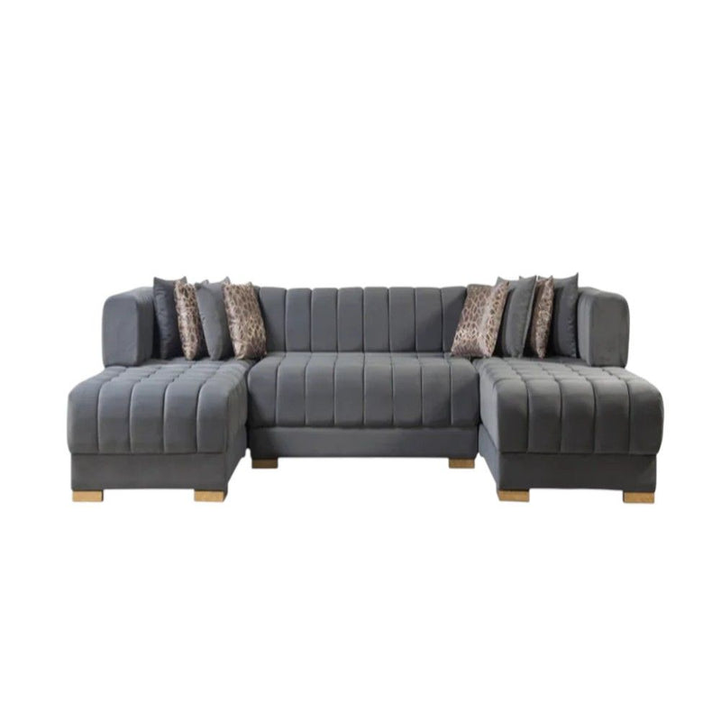 Velvet U-Shaped Three Piece Sofa Chaise Sectional With Toss Pillows - Gray