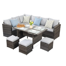 Load image into Gallery viewer, 7 Piece All Weather Patio Dining Set With Cushions, Sectional Sofa, Ottomans &amp; Table For Backyard - Gray / Brown
