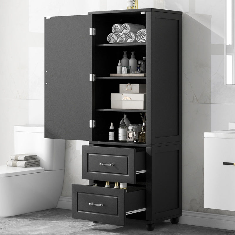 Tall Freestanding Bathroom Storage Cabinet With 2 Drawers And Adjustable Shelf