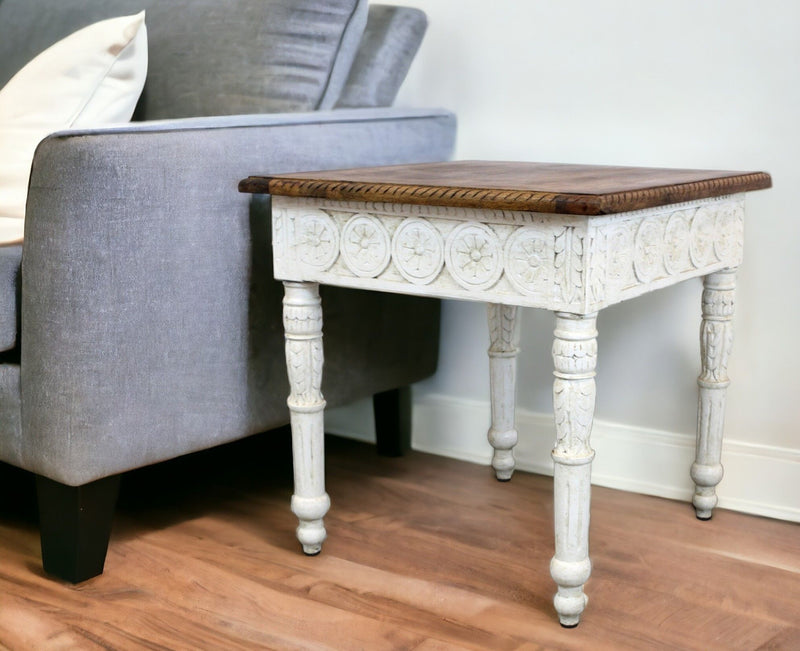 Solid Wood Square End Table - Ivory And Brown
