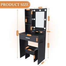 Load image into Gallery viewer, Vanity Table With Mirror, Adjustable LED Lights, Power Outlet, Hairdryer Holder &amp; Stool
