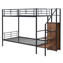 Load image into Gallery viewer, Twin Over Twin Metal Bunk Bed with Lateral Storage Ladder and Wardrobe, Black
