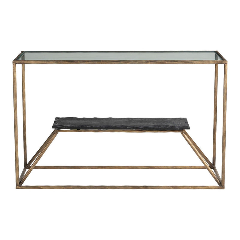 Stone And Glass And Iron Frame Console Table With Shelf - Clear / Brass