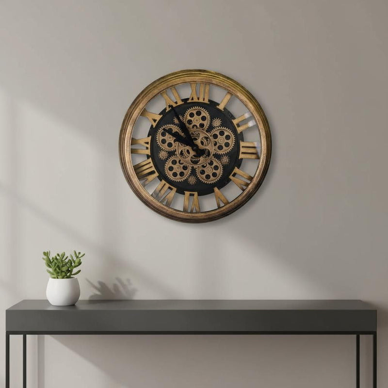 Silent Skeleton Exposed Gear Round Wall Clock (626339) - Antiqued Gold / Black