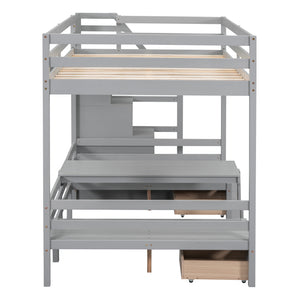 Full over Full Size Bunk with staircase,the Down Bed can be Convertible to Seats and Table Set,Gray