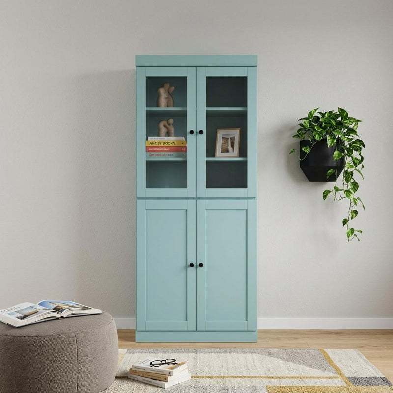 Solid Wood Adjustable Six Tier Library Bookcase With Four Doors (751373) - Aqua