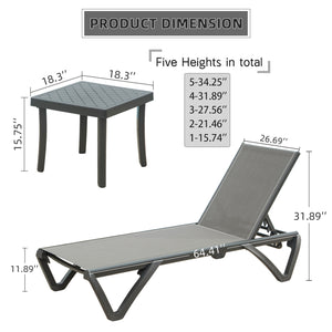 Patio Chaise Lounge Chair Set of 3,Outdoor Aluminum Polypropylene Sunbathing Chair with 5 Adjustable Position,Side Table for Beach,Yard,Balcony,Poolside(Grey,2 Lounge Chair+1 Table)