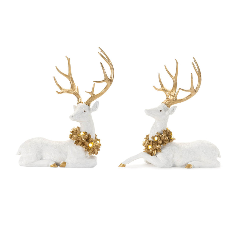 Poly Deer Figurine With LED (Set of 2) - White / Gold
