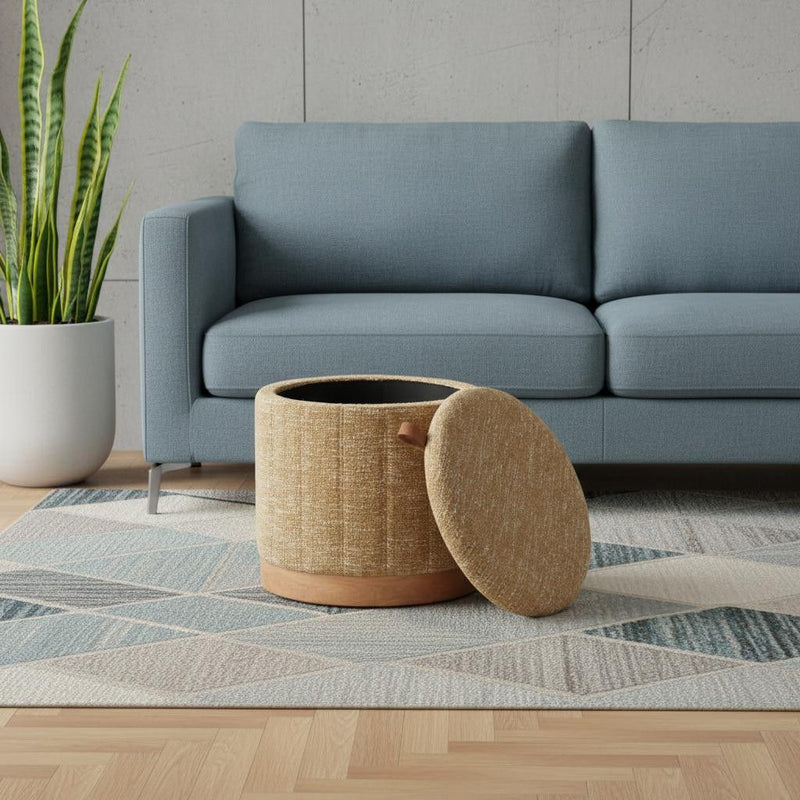 Fabric Round Ottoman With Storage - Yellow