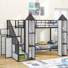 Load image into Gallery viewer, Metal Twin over Twin Castle-shaped Bunk Bed with Wardrobe and Multiple Storage, Black+White
