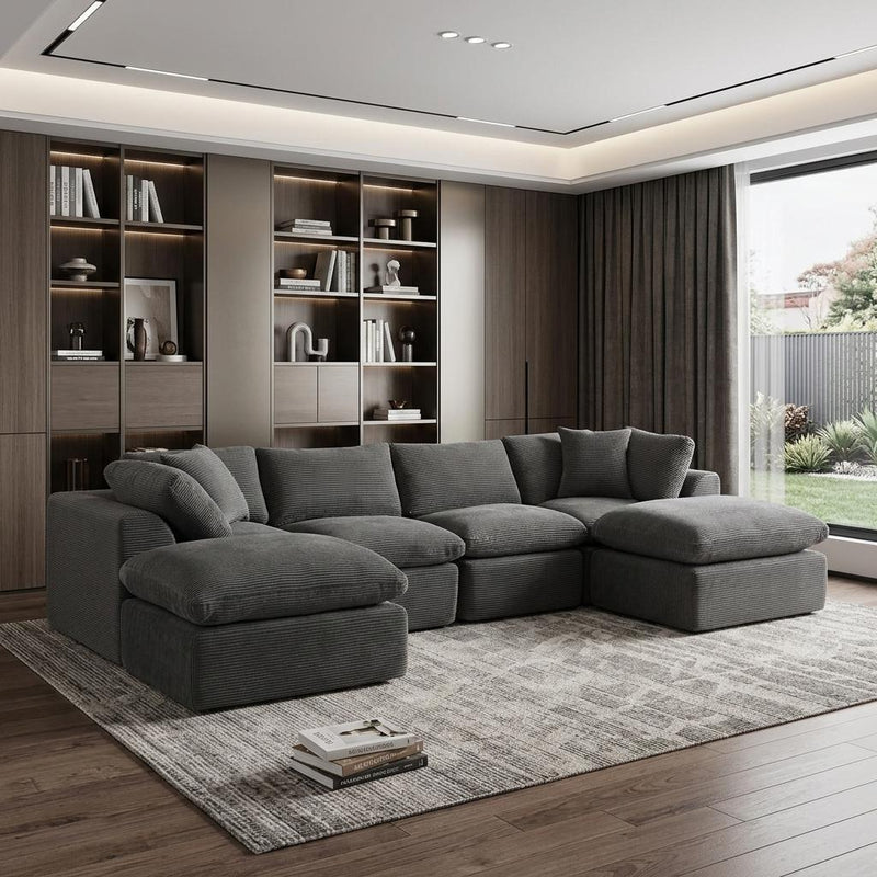 Corduroy Modular Sofa With Ottoman And Toss Pillows (754774) - Dark Gray