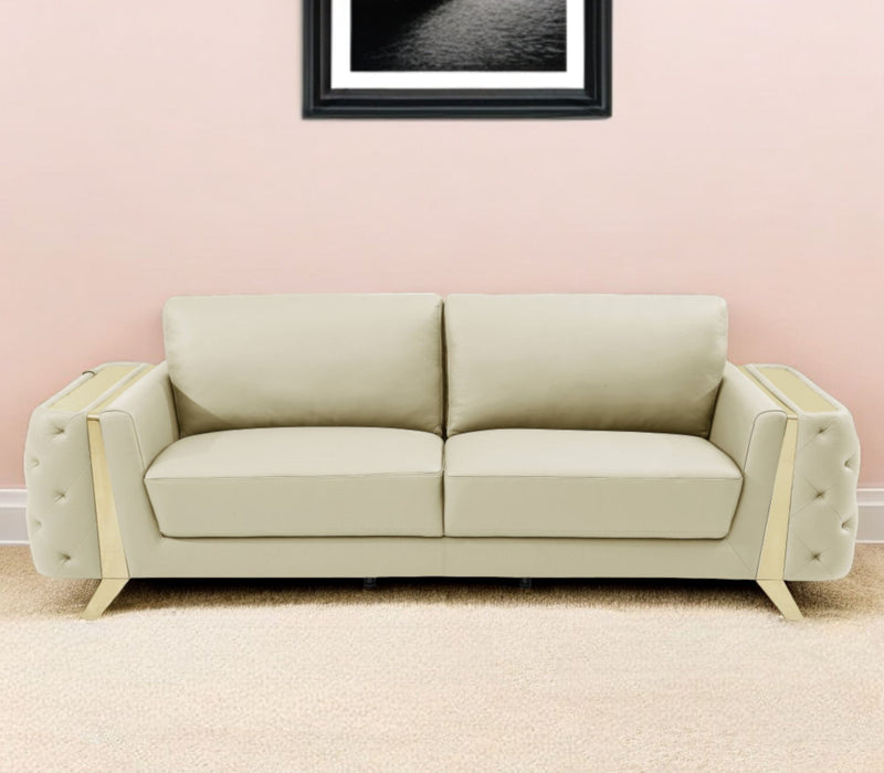 Italian Leather Sofa With Silver Legs - Beige