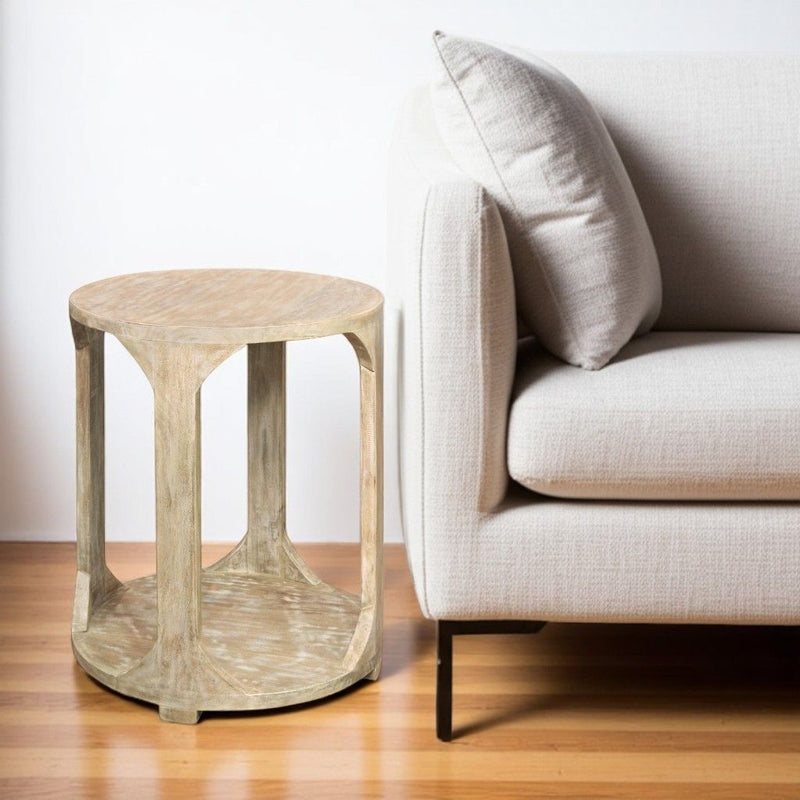 24" Distressed Solid Wood Round Frame End Table With Shelf - Natural