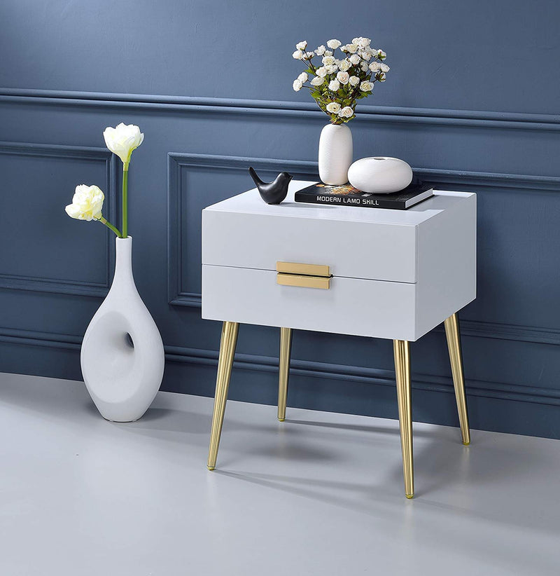 24" End Table With Two Drawers - Gold And White