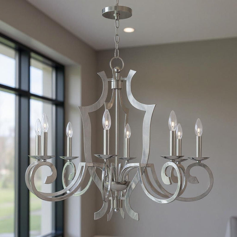 28'' Eight Light Dimmable Chandelier With Shades - Silver