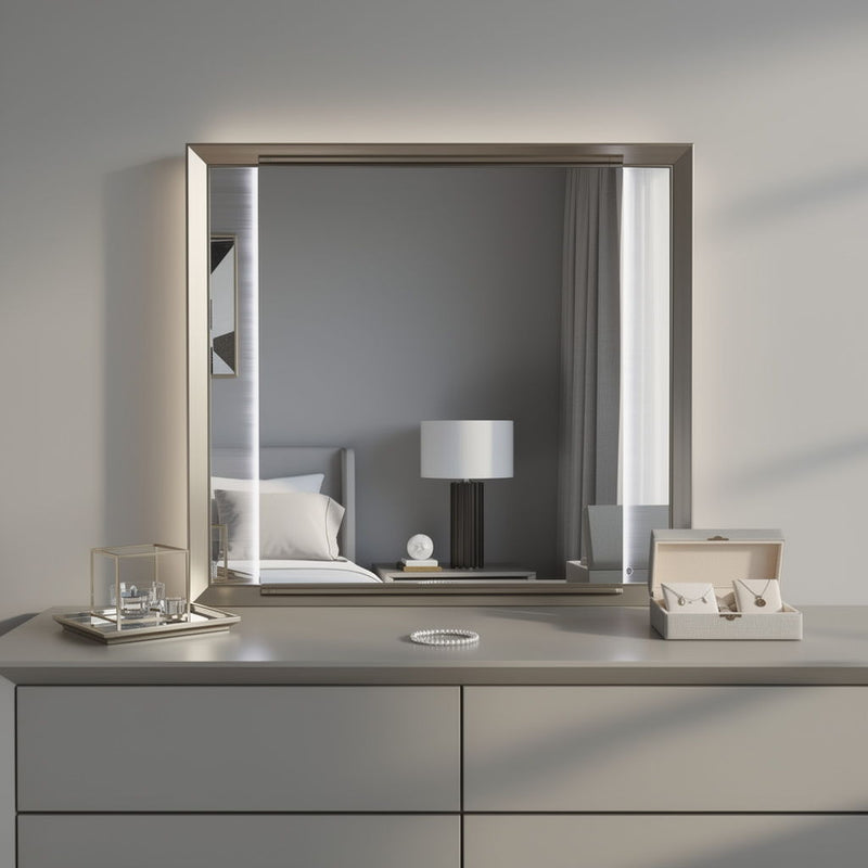 Wood Lighted Dresser Mount Framed Mirror - White / Silver