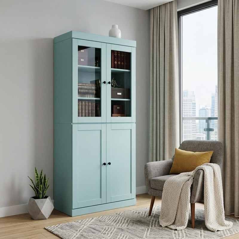 Solid Wood Adjustable Six Tier Library Bookcase With Four Doors (751511) - Aqua