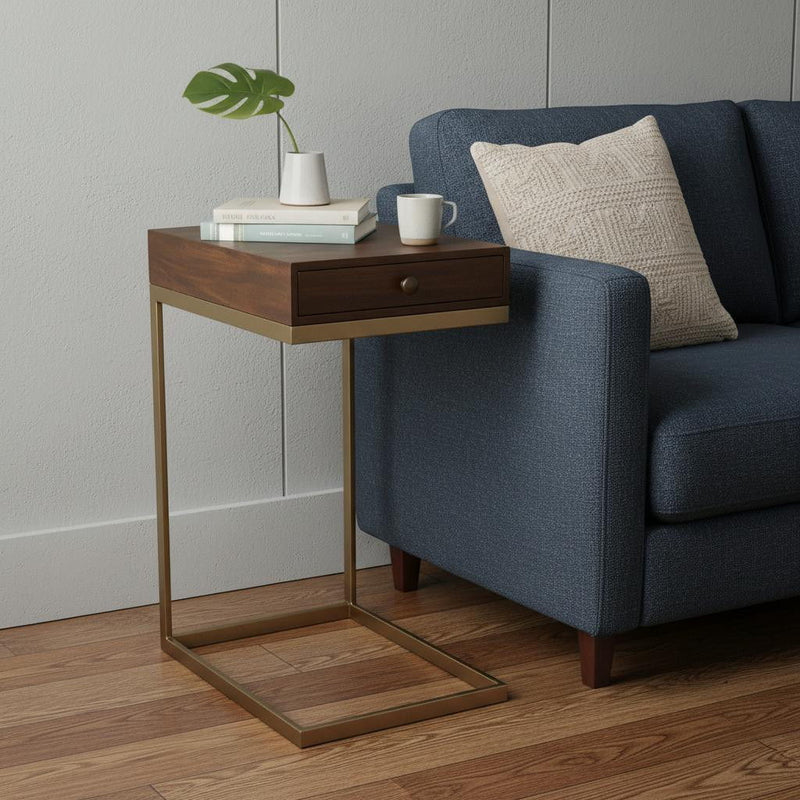 Solid And Manufactured Wood Square End Table With Drawer - Natural Brown
